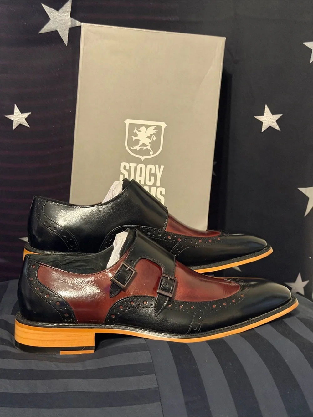 Stacy Adams Black and Burgundy Double Monk Wingtip Oxfords